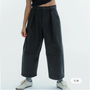 Zara Pleated Balloon Trousers Dark Grey Curved Barrel Leg Pants Seam Women XS